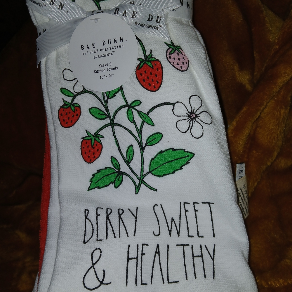Rae Dunn Berry Sweet & Healthy Towels - Red and Green